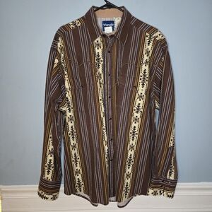 Vintage Men's Wrangler Western Aztec Brown Tan Snap Button Shirt Size XL Cowboy